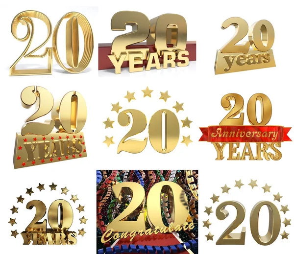 Nastavit číslo dvacet let (20 let) oslava designu. Výročí zlaté číslo prvky šablony pro vaši narozeninovou oslavu. 3D obrázek — Stock fotografie