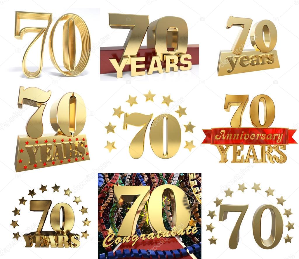 Set of number seventy years (70 years) celebration design. Anniversary golden number template elements for your birthday party. 3D illustration 