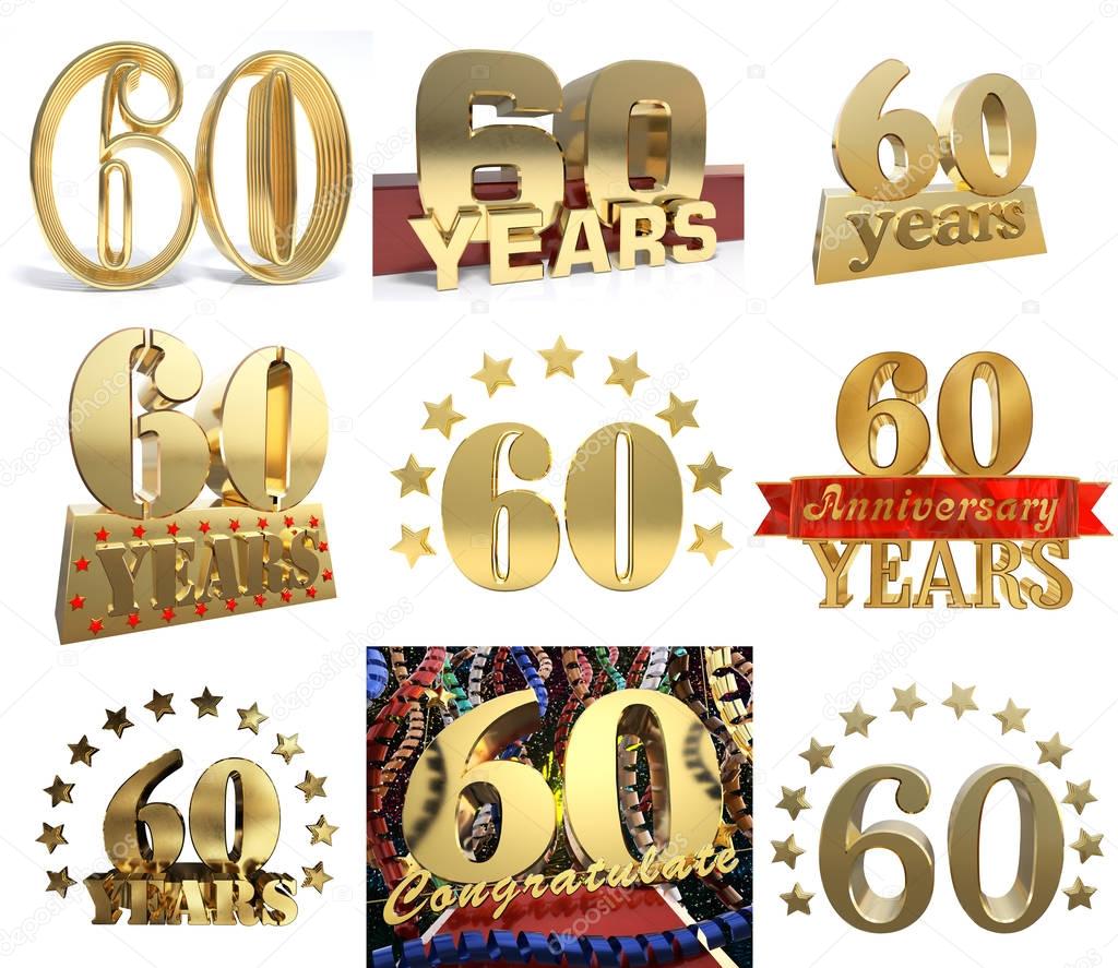 Set of number sixty years (60 years) celebration design. Anniversary golden number template elements for your birthday party. 3D illustration 