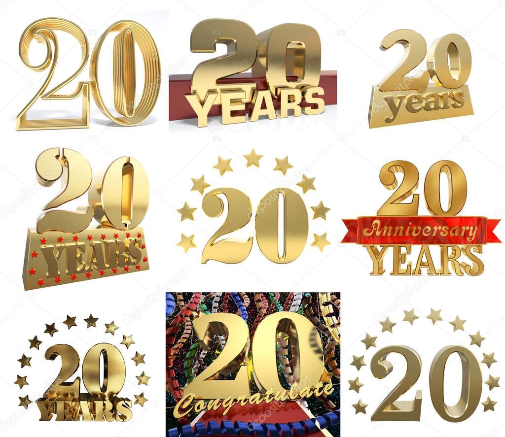Set of number twenty years (20 years) celebration design. Anniversary golden number template elements for your birthday party. 3D illustration 