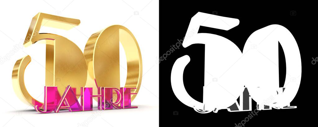 Number fifty years (50 years) celebration design. Anniversary golden number template elements for your birthday party. Translated from the German - years. 3D illustration 
