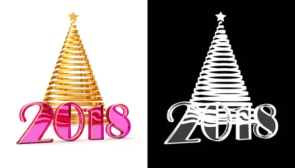 2018 років Різдвяна ялинка з блискучої золотої стрічки з золотою зіркою, елементи шаблону для вашої подарункової картки, календаря, сертифіката, листівки, з альфа-каналом, 3d ілюстрація — стокове фото