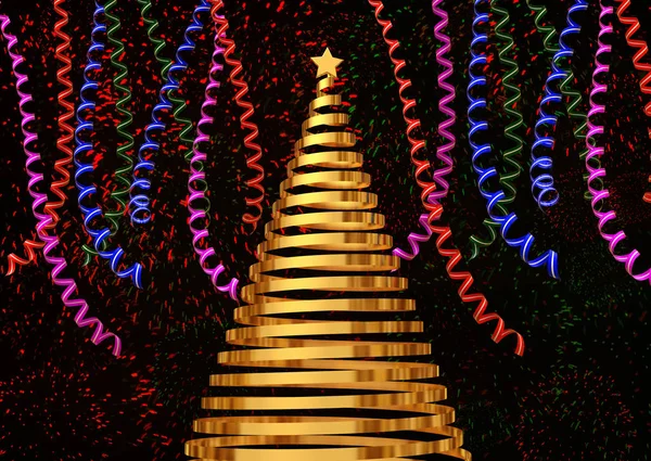 Arbre de Noël à partir de ruban d'or brillant avec une étoile d'or, des éléments de modèle pour votre carte cadeau, calendrier, certificat, carte postale, illustration 3D — Photo