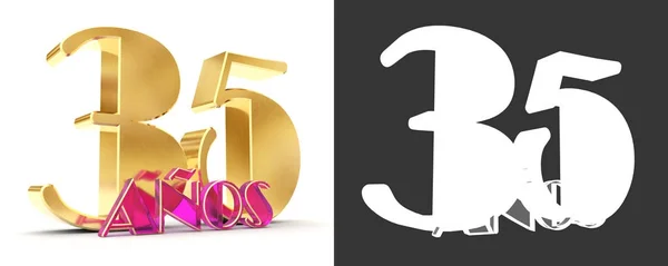 Nummer vijfendertig jaar (35 jaar) viering ontwerp. Verjaardag gouden sjabloon getalelementen voor uw verjaardagspartij. Vertaald uit het Spaans - jaar. 3D illustratie — Stockfoto