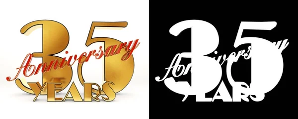Numero d'oro trentacinque (numero 35) e la parola "anni" sullo sfondo della prospettiva del testo di saluto. Illustrazione 3D — Foto Stock