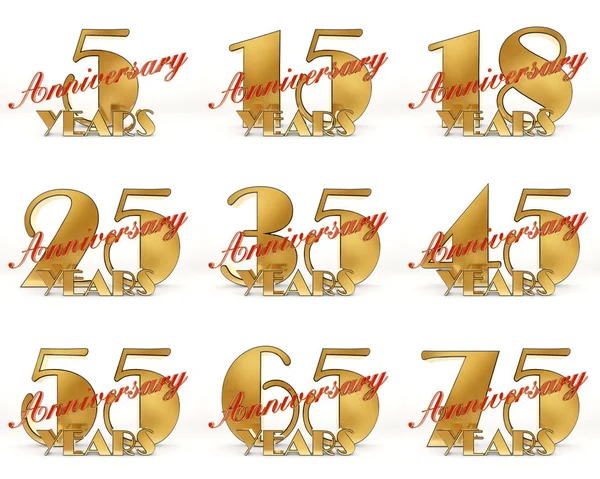 Set di anni di design celebrazione. Anniversario elementi modello numero d'oro per la vostra festa di compleanno. Illustrazione 3D — Foto Stock