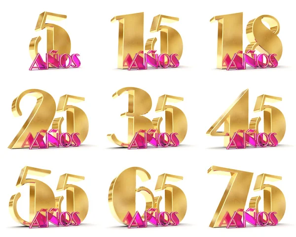 Yıl kutlama tasarım kümesi. Yıldönümü altın sayı şablon öğeleri doğum günü partin için. 3D çizim. Tercüme İspanyolca - yıl. — Stok fotoğraf