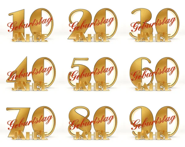 Set de años de diseño de celebración. Aniversario de oro número de elementos de plantilla para su fiesta de cumpleaños. Ilustración 3D. Traducido del alemán - años . — Foto de Stock