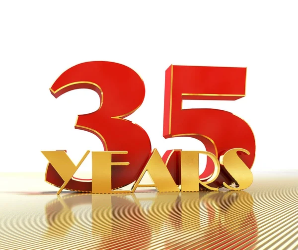 Numero d'oro trentacinque (numero 35) e la parola "anni" sullo sfondo della prospettiva di linee d'oro. Illustrazione 3D — Foto Stock