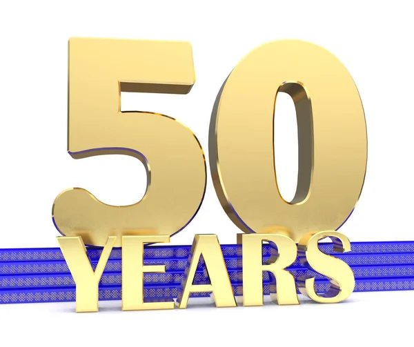 Złoty numer pięćdziesiąt i lat napis na niebieski po schodach z golden symboli niekończące się węzeł. ilustracja 3D — Zdjęcie stockowe