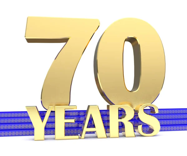 Goldene Zahl siebzig und die Inschrift Jahre auf der blauen Treppe mit goldenen Symbolen endlosen Knoten. 3D-Illustration — Stockfoto