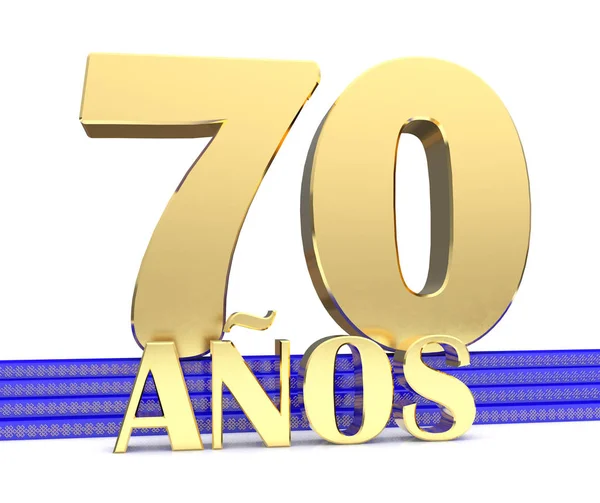 Número de oro setenta y los años de inscripción en las escaleras azules con símbolos de oro nudo sin fin. Traducido del español - años. Ilustración 3D — Foto de Stock