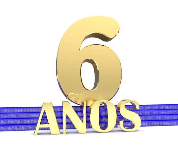 Золотий номер шість і написом років на синій сходи з Золотистим символи нескінченні вузол. Переклад з іспанської - років. 3D ілюстрація — стокове фото