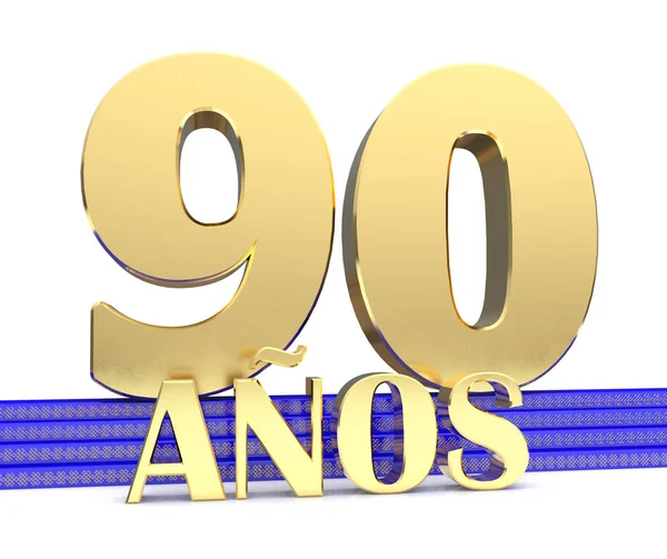 Gouden getal negentig en het jaar van de inscriptie op de blauwe trap met gouden symbolen eindeloze knoop. Vertaald uit het Spaans - jaar. 3D illustratie — Stockfoto