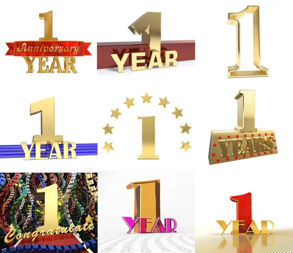 Conjunto de diseño de celebración número uno año 1 año. Aniversario de oro número de elementos de plantilla para su fiesta de cumpleaños. Ilustración 3D —  Fotos de Stock