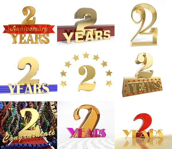 Set of number two years 2 years celebration design. Anniversary golden number template elements for your birthday party. 3D illustration