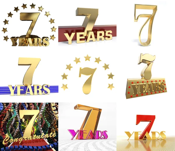 Set di numero sette anni 7 anni di design celebrazione. Anniversario elementi modello numero d'oro per la vostra festa di compleanno. Illustrazione 3D — Foto Stock