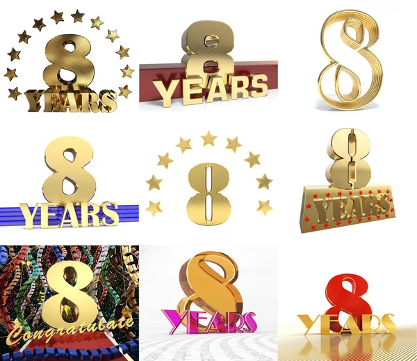 Набор номер восемь лет 8 лет празднования дизайн. Юбилейный золотой номер шаблона элементов для вашего дня рождения. 3D иллюстрация — стоковое фото