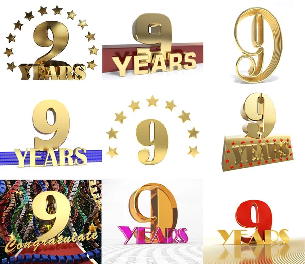 Sada číslo devět let, 9 let oslava návrhu. Výročí zlaté číslo prvky šablony pro vaši narozeninovou oslavu. 3D obrázek — Stock fotografie
