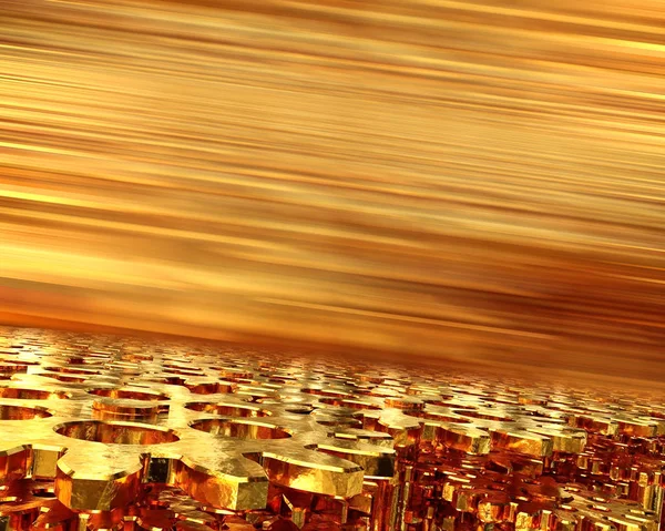 Μηχανισμό χρυσή μετάδοσης, εκτείνεται στο μέλλον σε χρυσό φόντο. 3D απεικόνιση — Φωτογραφία Αρχείου