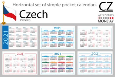 2021 için Çek yatay cep takvimi seti (iki bin yirmi bir). Hafta pazartesi başlıyor. Yeni yıl. Basit renk tasarımı. Vektör
