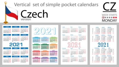 2021 (iki bin yirmi bir) için Çek cep takvimi seti. Hafta pazartesi başlıyor. Yeni yıl. Basit renk tasarımı. Vektör