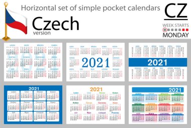 2021 için Çek yatay cep takvimi seti (iki bin yirmi bir). Hafta pazartesi başlıyor. Yeni yıl. Basit renk tasarımı. Vektör