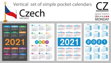 2021 (iki bin yirmi bir) için Çek cep takvimi seti. Hafta pazartesi başlıyor. Yeni yıl. Basit renk tasarımı. Vektör