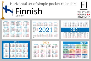 2021 için Fince yatay cep takvimi seti (iki bin yirmi bir). Hafta pazartesi başlıyor. Yeni yıl. Basit renk tasarımı. Vektör