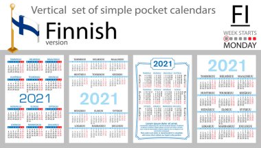 2021 için Fince cep takvimi seti (iki bin yirmi bir). Hafta pazartesi başlıyor. Yeni yıl. Basit renk tasarımı. Vektör