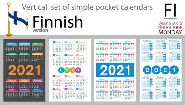 2021 için Fince cep takvimi seti (iki bin yirmi bir). Hafta pazartesi başlıyor. Yeni yıl. Basit renk tasarımı. Vektör