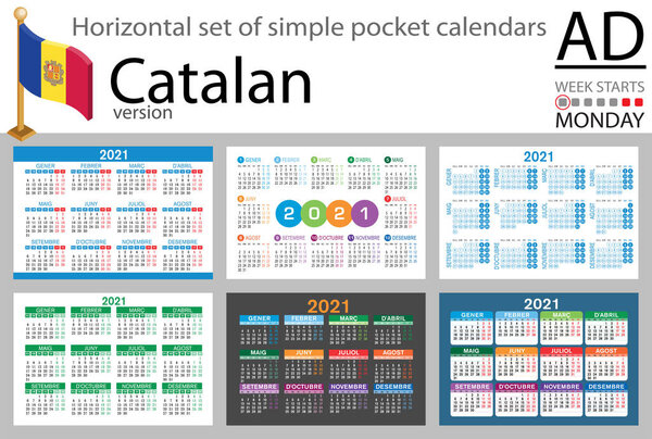 Catalan horizontal set of pocket calendars for 2021 (two thousand twenty one). Week starts Monday. New year. Color simple design. Vector