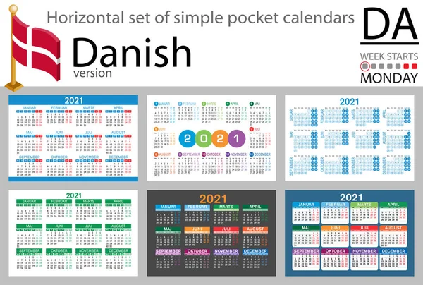2021年のデンマーク水平ポケットカレンダーセット 2千21 週は月曜日から 新年だ シンプルなデザイン ベクトル — ストックベクタ