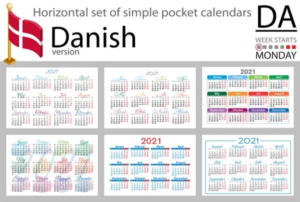 Dinamarca Conjunto Horizontal Calendarios Bolsillo Para 2021 Dos Mil Veintiuno — Vector de stock