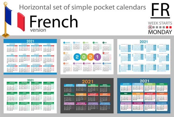 Conjunto Horizontal Francés Calendarios Bolsillo Para 2021 Dos Mil Veintiuno — Vector de stock