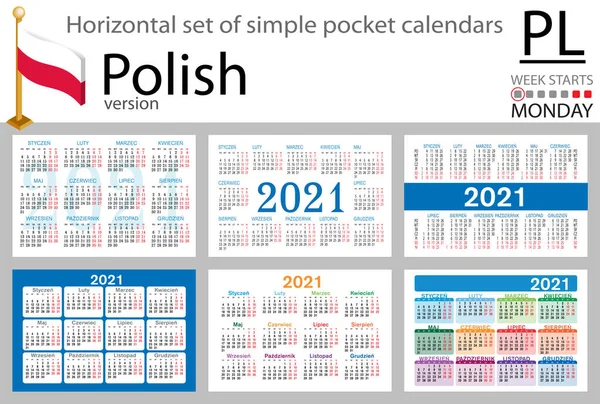 Poolse Horizontale Reeks Zakkalenders Voor 2021 Tweeduizend Eenentwintig Week Begint — Stockvector