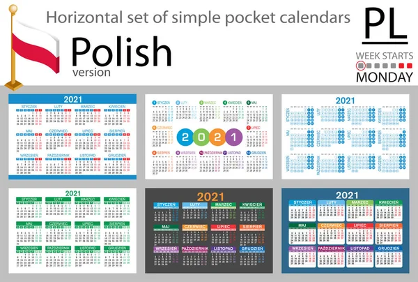 Conjunto Horizontal Polaco Calendarios Bolsillo Para 2021 Dos Mil Veintiuno — Vector de stock