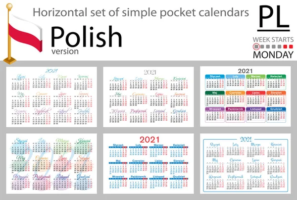 Conjunto Horizontal Polaco Calendarios Bolsillo Para 2021 Dos Mil Veintiuno — Vector de stock