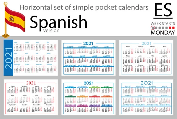 スペイン2021年のポケットカレンダーの水平セット 2千21 週は月曜日から 新年だ シンプルなデザイン ベクトル — ストックベクタ