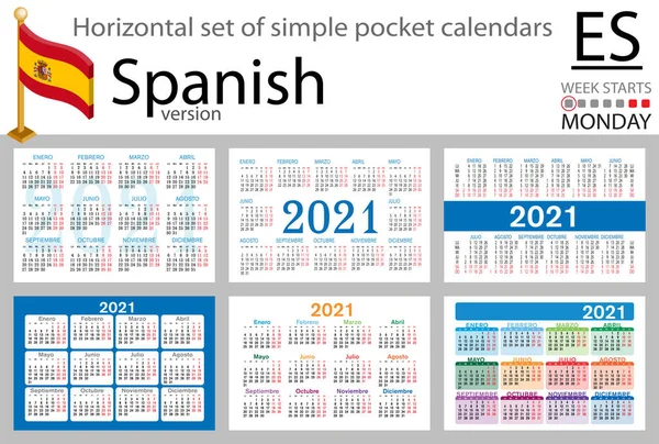 スペイン2021年のポケットカレンダーの水平セット 2千21 週は月曜日から 新年だ シンプルなデザイン ベクトル — ストックベクタ