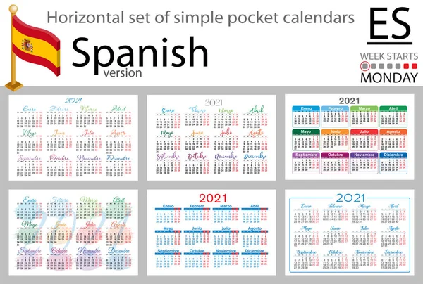 スペイン2021年のポケットカレンダーの水平セット 2千21 週は月曜日から 新年だ シンプルなデザイン ベクトル — ストックベクタ