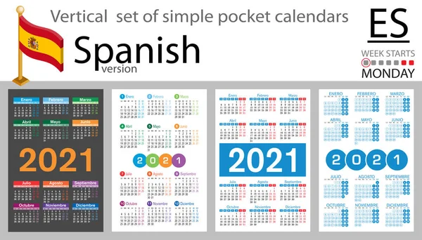 スペイン2021年のポケットカレンダーの垂直セット 2千21 週は月曜日から 新年だ シンプルなデザイン ベクトル — ストックベクタ