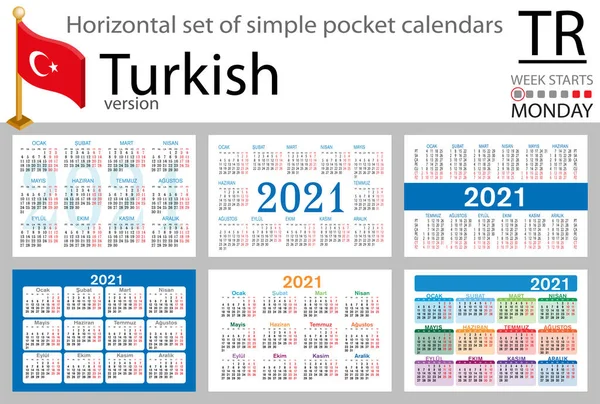 2021 için Türk yatay cep takvimi seti (iki bin yirmi bir). Hafta pazartesi başlıyor. Yeni yıl. Basit renk tasarımı. Vektör