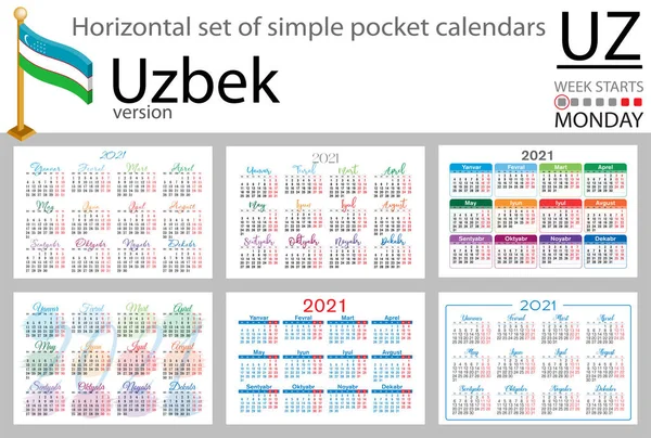 Conjunto Horizontal Uzbeko Calendarios Bolsillo Para 2021 Dos Mil Veintiuno — Vector de stock