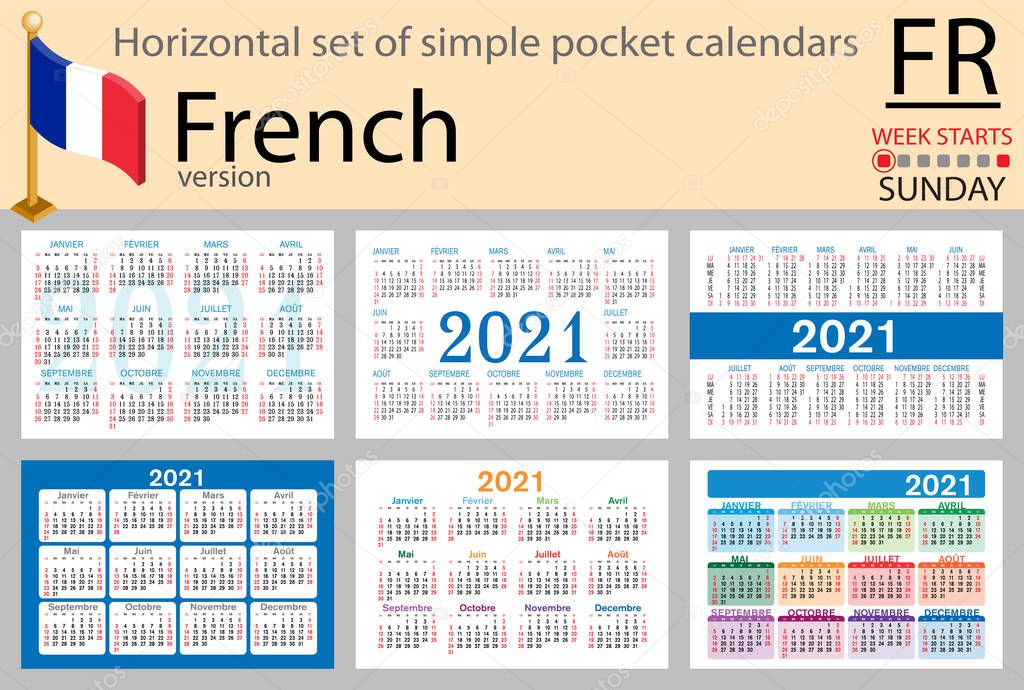 French horizontal set of pocket calendars for 2021 (two thousand twenty one). Week starts Sunday. New year. Color simple design. Vector