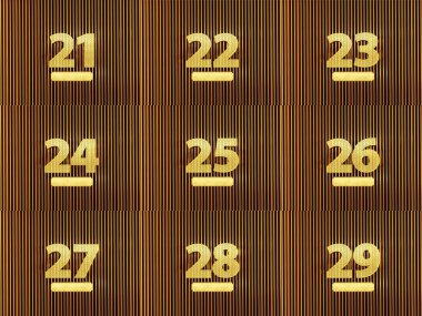 Metal zemin üzerinde küçük deliklerle 21 'den 29' a kadar olan sayılar kümesi. 3B illüstrasyon