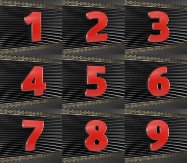 Birden dokuza kadar kırmızı sayılar kümesi. Altın sembollü, sonsuz düğümlü yıldönümü tasarımı. 3B illüstrasyon