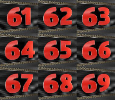 61 'den 69' a kadar olan kırmızı sayılar kümesi. Altın sembollü, sonsuz düğümlü yıldönümü tasarımı. 3B illüstrasyon