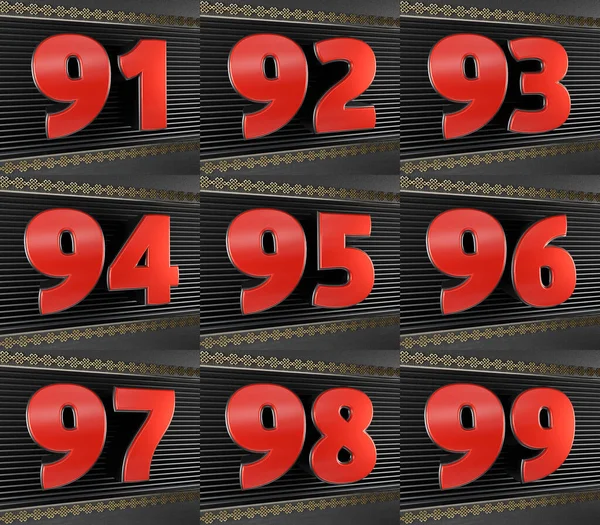 一组红色数字从91到99 周年庆典的设计与金色的符号无休止地结结 3D插图 — 图库照片