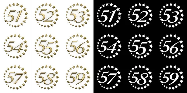 一组从五十一到五十九的数字 周年庆祝会的设计 在白色的背景上 有一圈金色的星星 阴影和阿尔法通道 3D插图 — 图库照片